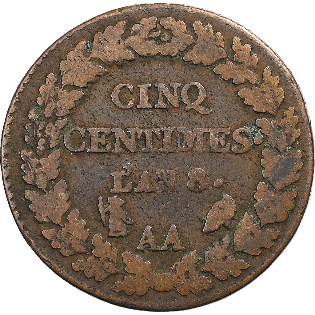 França, 5 Centimes, Dupré, AN 8, Metz, Cobre, VF(20-25), Gadoury:126a