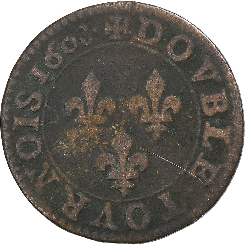 Francja, Henri IV, Double Tournois, 1608, Paris, Miedź, F(12-15), Gadoury:538