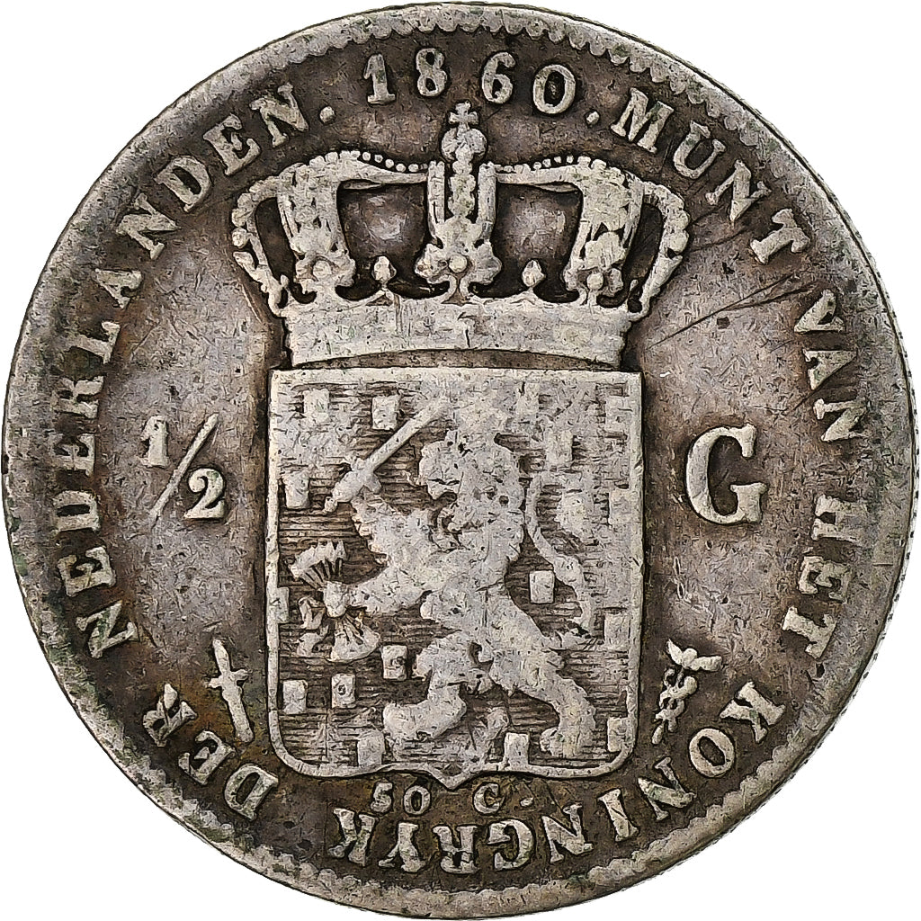 Pays-Bas, Willem III, 1/2 Gulden, 1860, Utrecht, Argent, TB+, KM:92