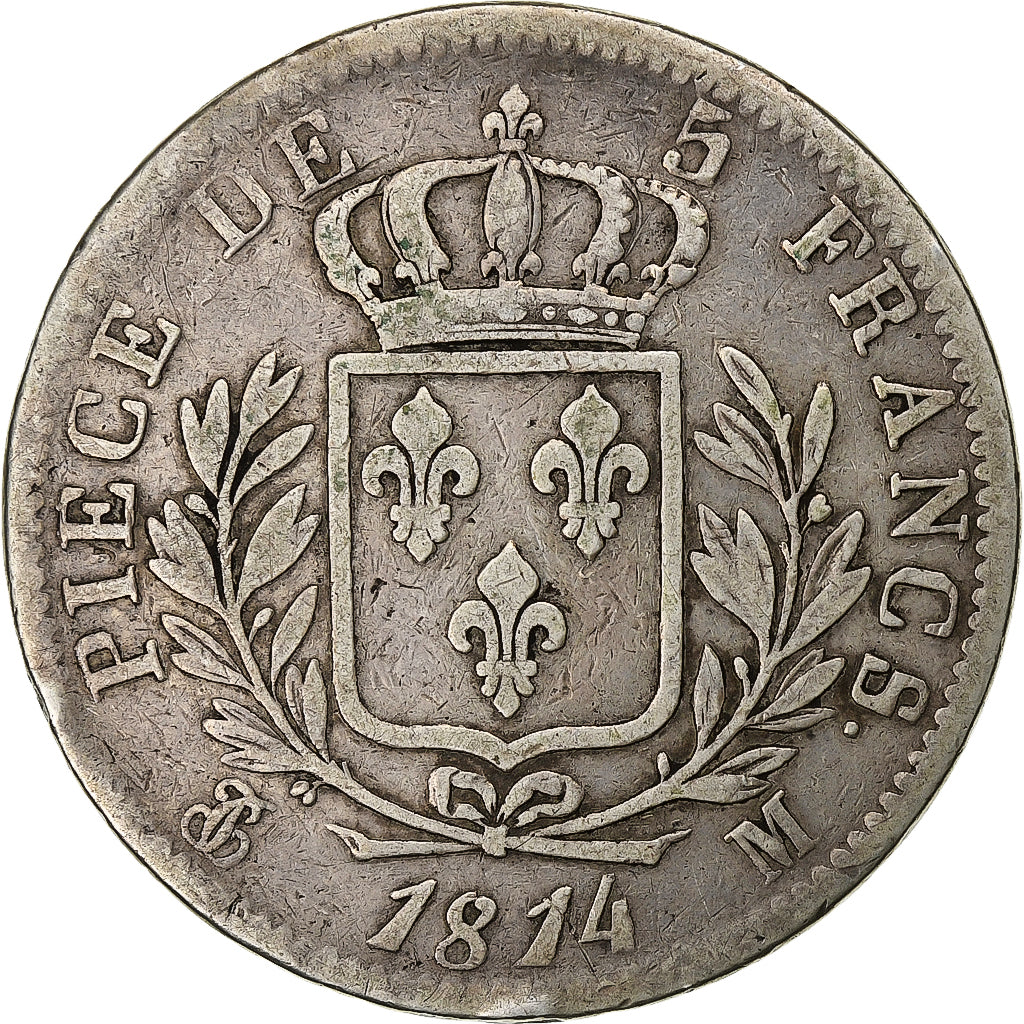 France, Louis XVIII, 5 Francs, 1814, Toulouse, Silver, VF(30-35), Gadoury:591