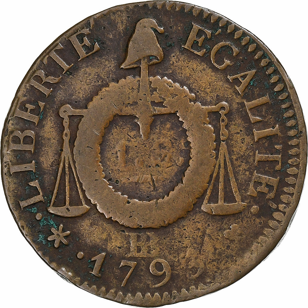 Francia, Sol, 1793 / AN II, Strasbourg, Rame, B+, Gadoury:19