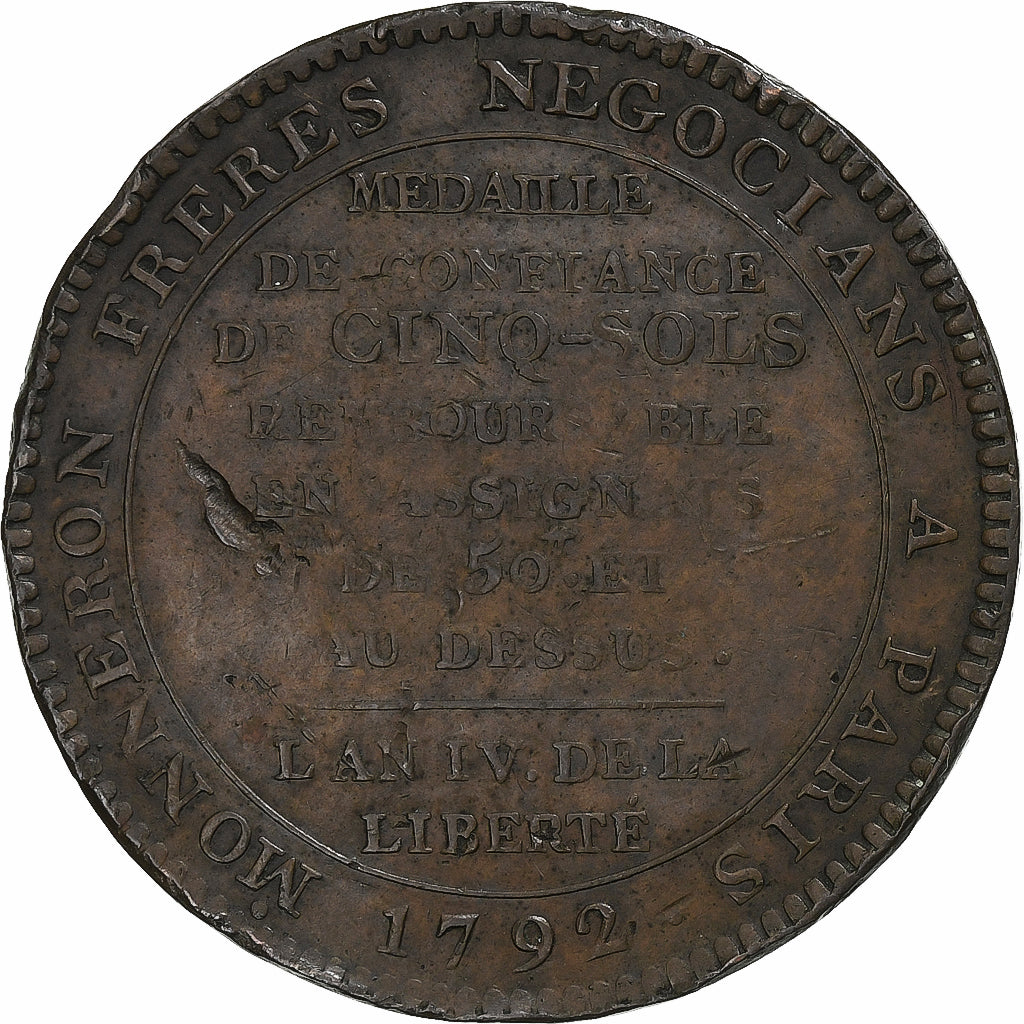 Frankreich, Monneron de 5 Sols, 1792 / AN 4, Birmingham, Bronze, S+