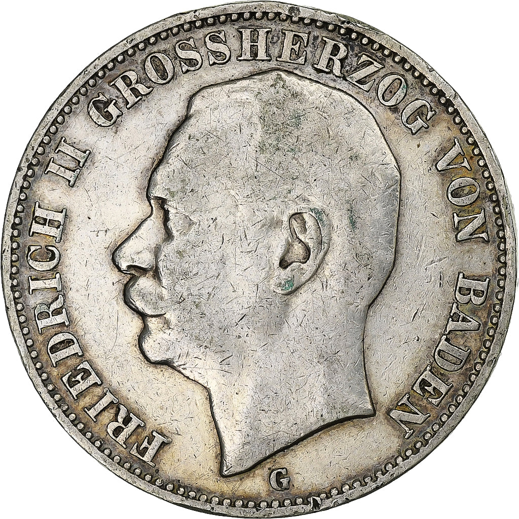 Grand Duchy of Baden, Friedrich II, 3 Mark, 1908, Karlsruhe, Zilver, FR+, KM:280