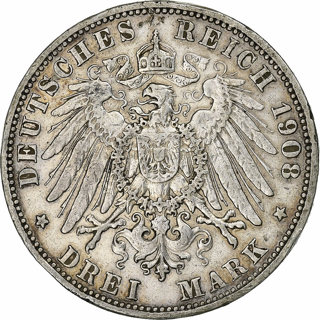 Grand Duchy of Baden, Friedrich II, 3 Mark, 1908, Karlsruhe, Zilver, FR+, KM:280