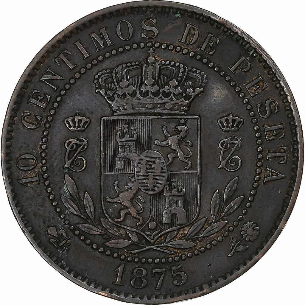 Spain, Carlos VII pretender, 10 Centimos, 1875, Oñate, Bronze, AU(50-53)
