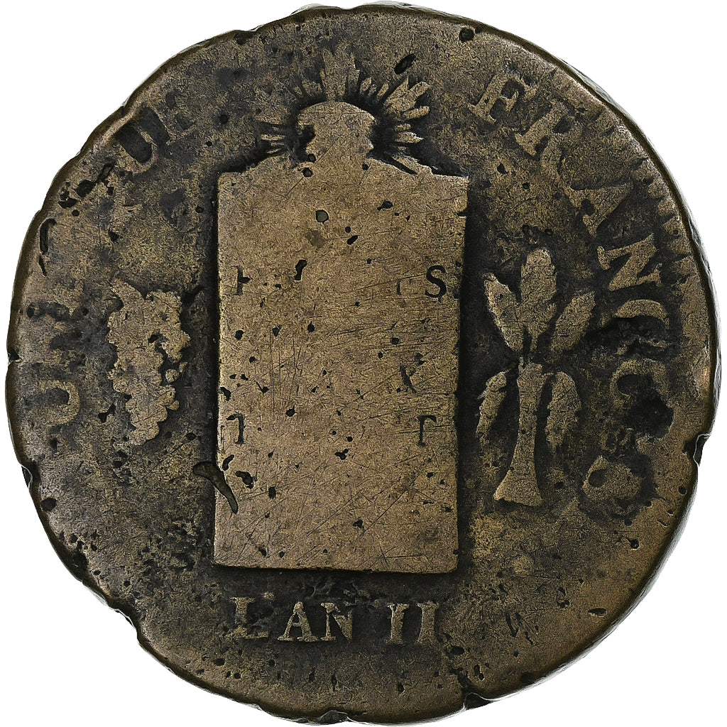 France, 2 sols François, 1793 / AN II, Strasbourg, Copper, F(12-15), Gadoury:31