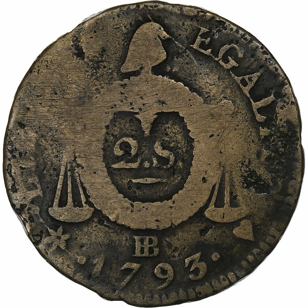 France, 2 sols François, 1793 / AN II, Strasbourg, Copper, F(12-15), Gadoury:31