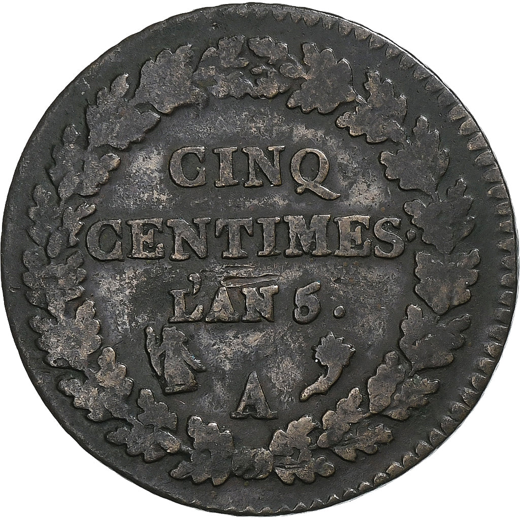 França, 5 Centimes, Dupré, AN 5, Paris, Cobre, VF(30-35), Gadoury:126, KM:640