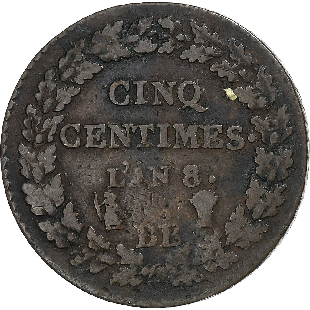 Francia, 5 Centimes, Dupré, An 8/6, Strasbourg, Cobre, BC+, Gadoury:126a