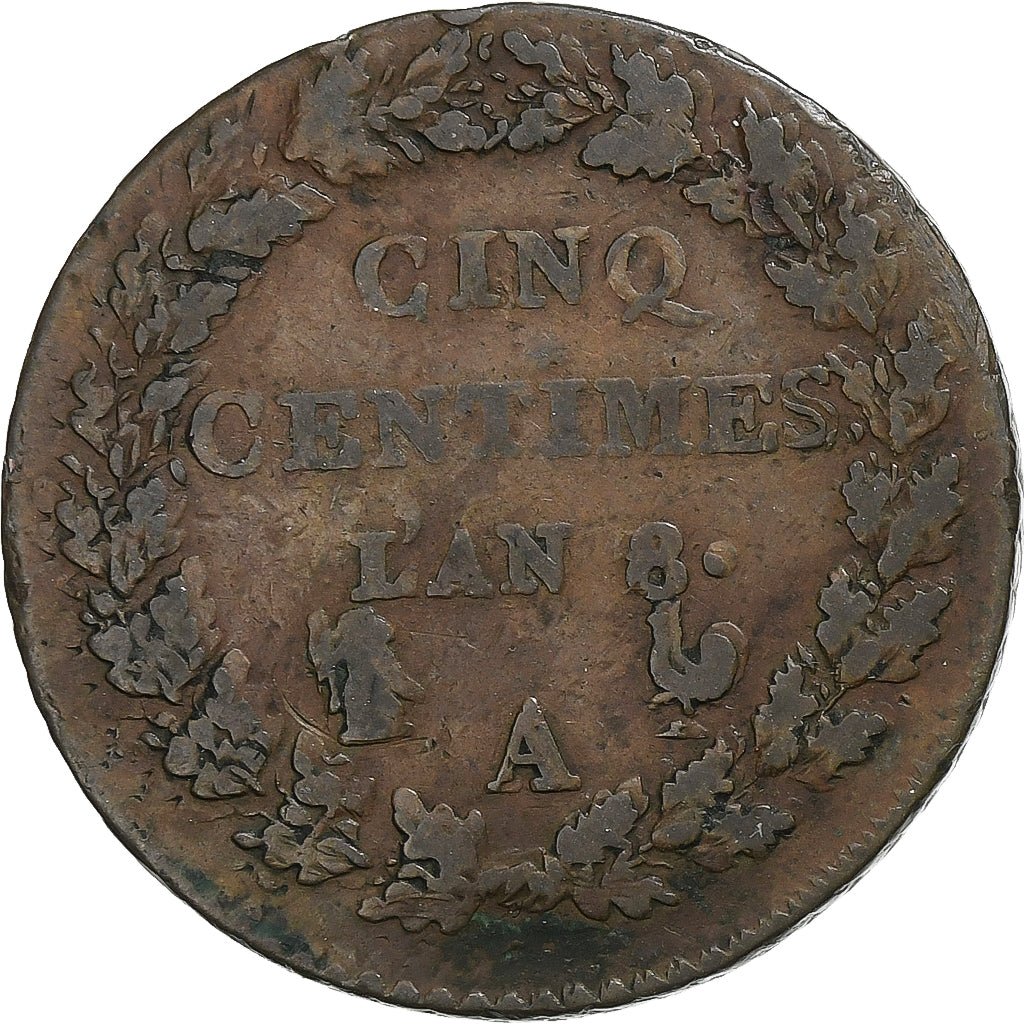 França, 5 Centimes, Dupré, AN 8, Paris, Cobre, VF(30-35), Gadoury:126a, KM:640