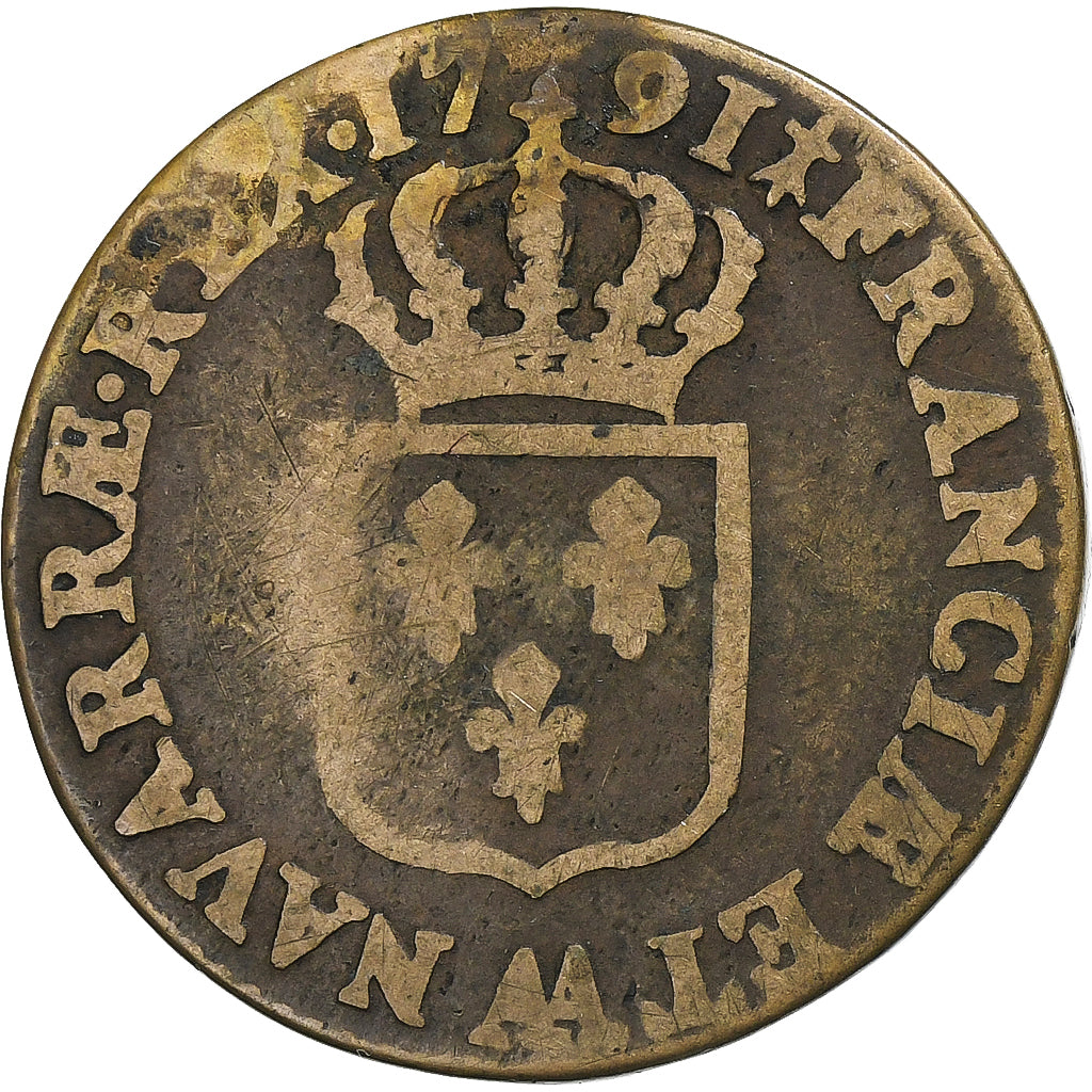 France, Louis XVI, Sol, 1791, Metz, 2nd semestre, Copper, VF(20-25), Gadoury:350