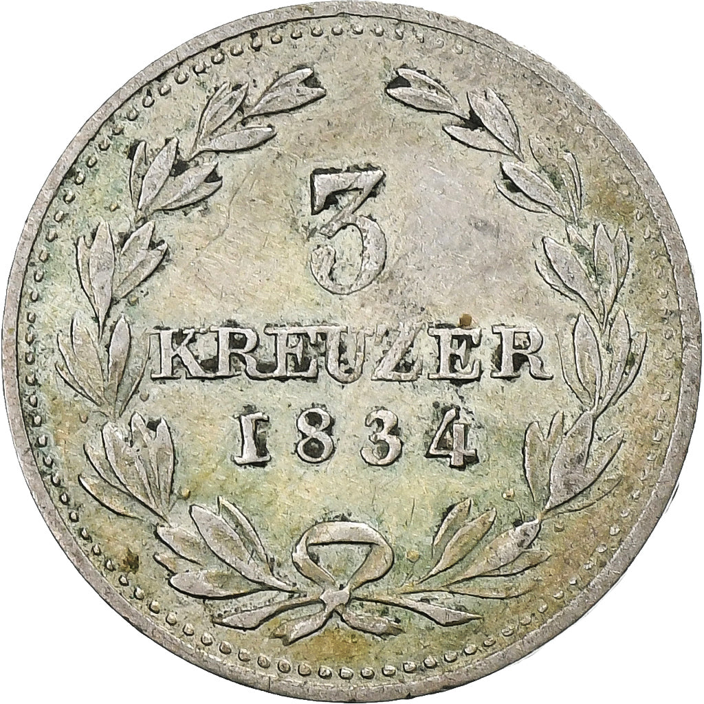 Grand Duchy of Baden, Leopold I, 3 Kreuzer, 1834, Silver, VF(20-25), KM:199