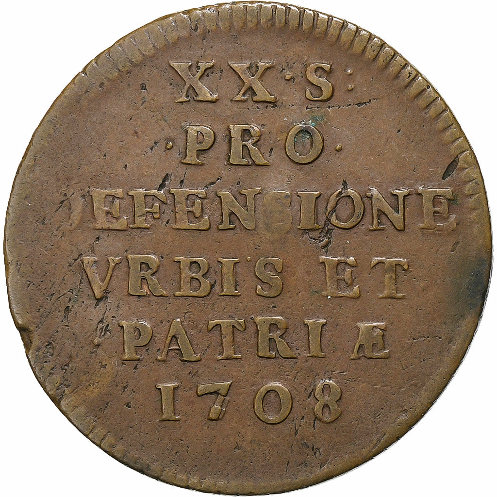 França, Louis XIV, 20 Sols, Siège de Lille, 1708, Lille, Cobre, VF(30-35)
