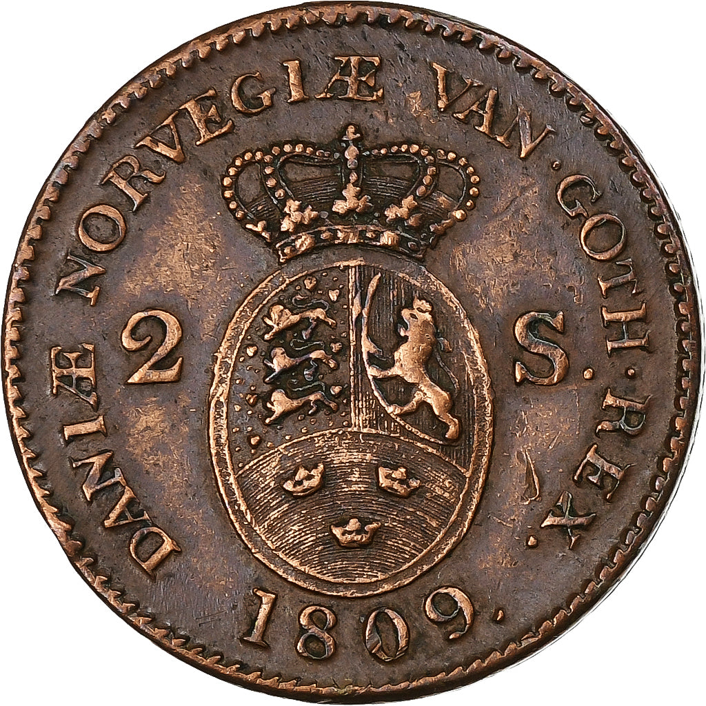 Denmark, Frederik VI, 2 Skilling, 1809, Copper, VF(30-35), KM:663