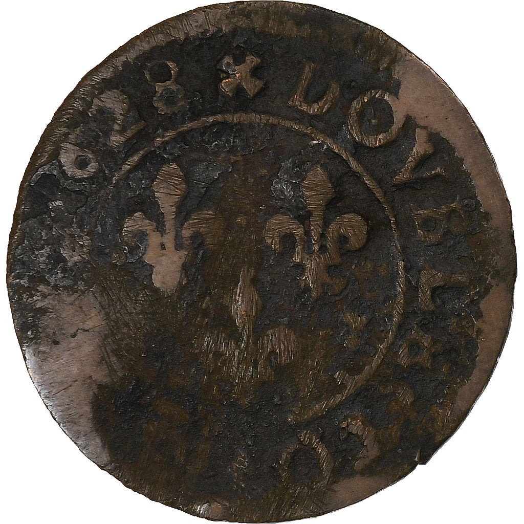 Francia, Louis XIII, Double Tournois, 1628, Lyon, Cobre, BC, Gadoury:8