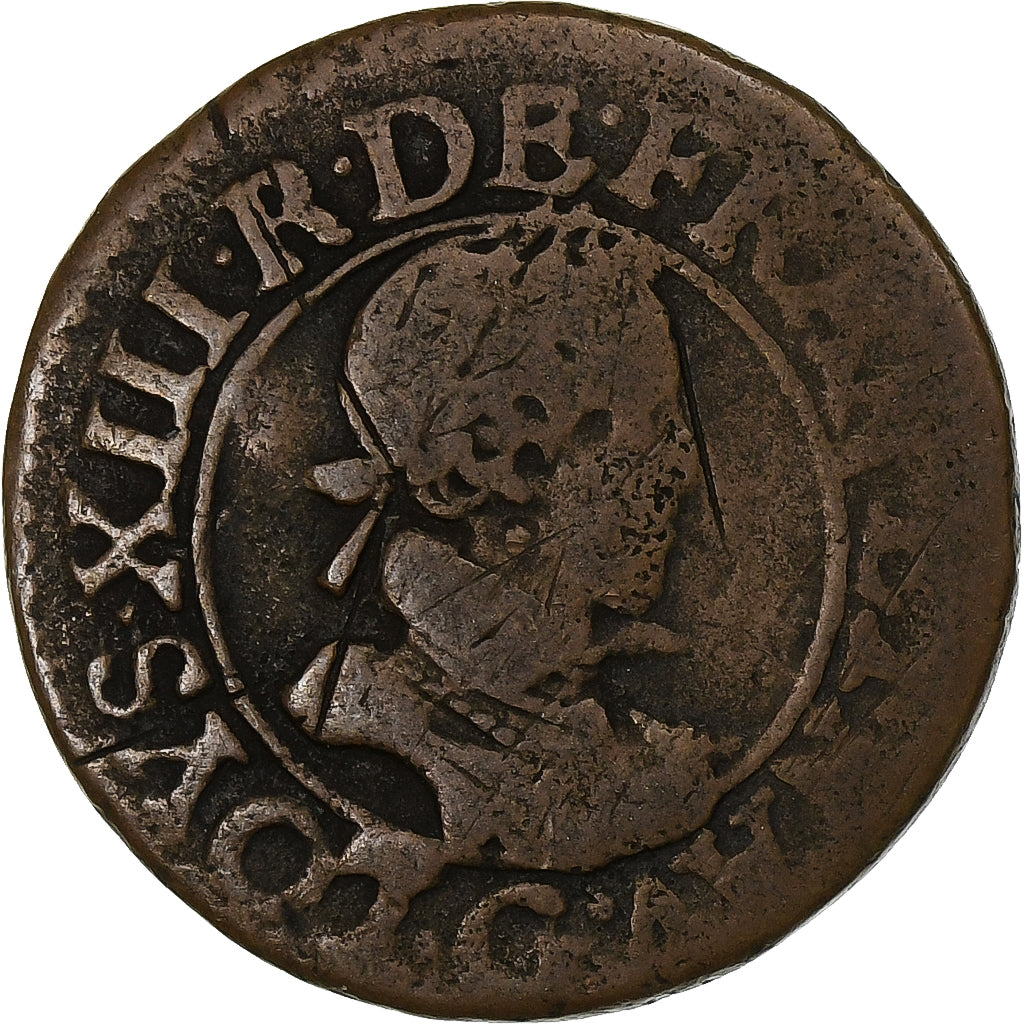 França, Louis XIII, Double Tournois, 1620, Poitiers, Cobre, VF(20-25)
