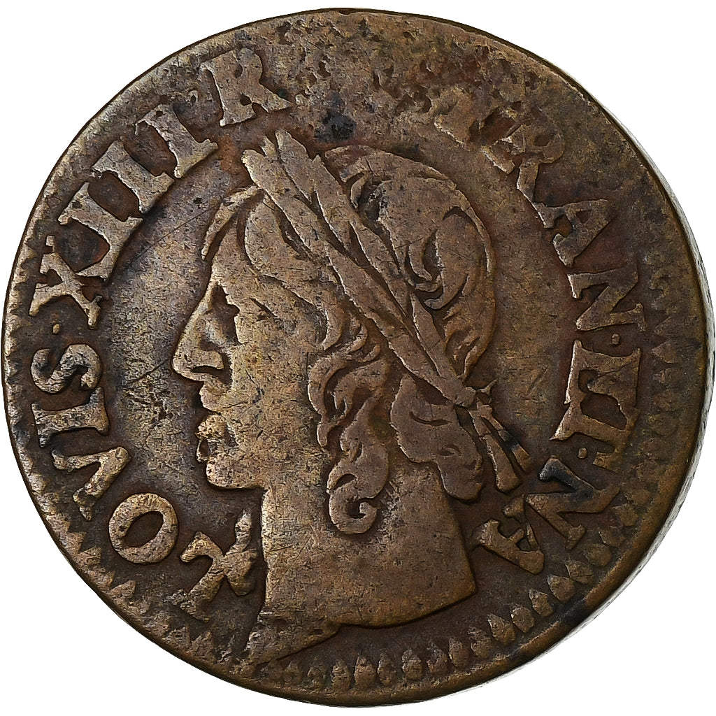 Francja, Louis XIII, Double Tournois, 1642, Lay, Miedź, VF(30-35), Gadoury:12