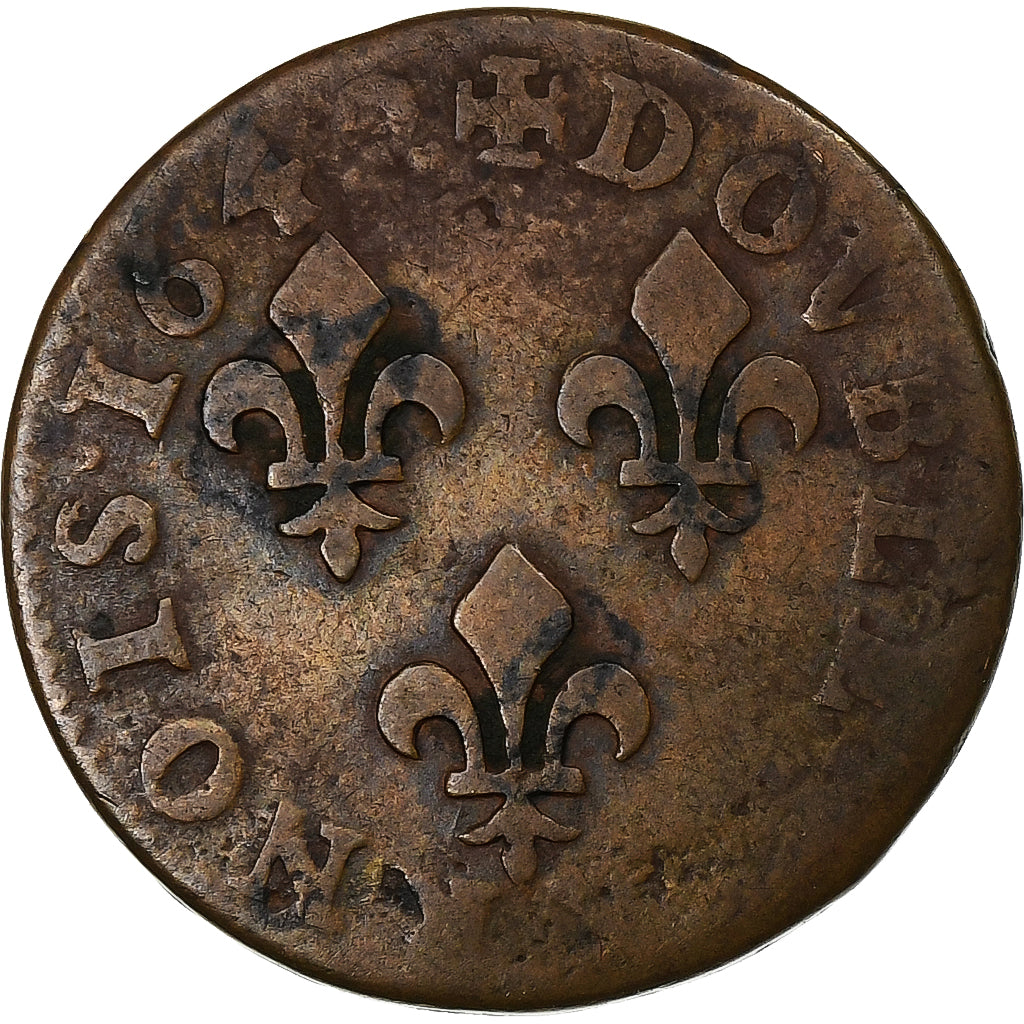 Francja, Louis XIII, Double Tournois, 1642, Lay, Miedź, VF(30-35), Gadoury:12