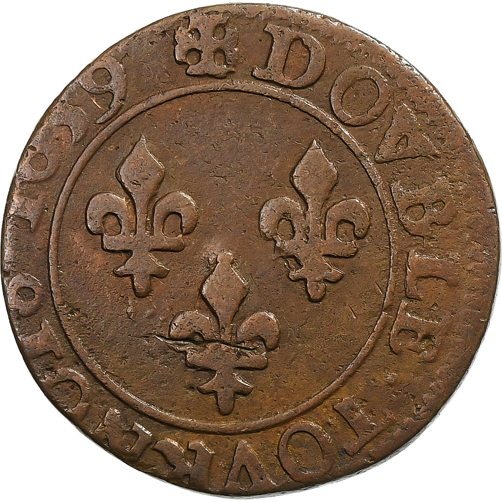 Francja, Louis XIII, Double Tournois, 1639, Tours, Miedź, EF(40-45), Gadoury:11
