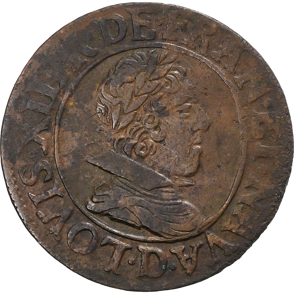 France, Louis XIII, Double Tournois, 1627, Lyon, Copper, AU(50-53), Gadoury:8