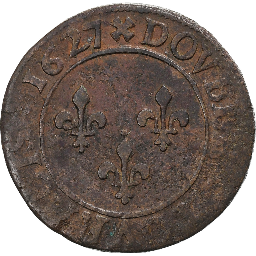 France, Louis XIII, Double Tournois, 1627, Lyon, Copper, AU(50-53), Gadoury:8