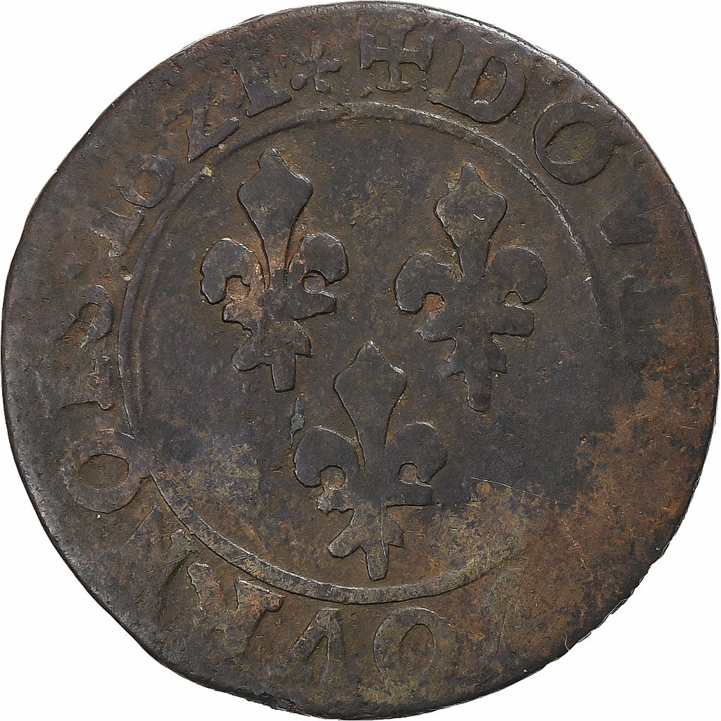 France, Louis XIII, Double Tournois, 1621, Villeneuve Saint-André, Cuivre, B+