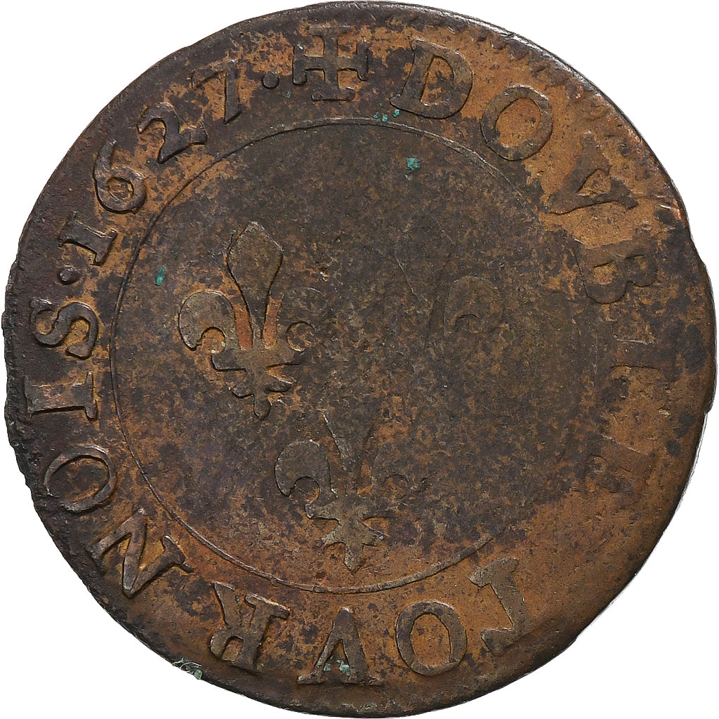 Frankreich, Louis XIII, Double Tournois, 1627, Paris, Kupfer, S, Gadoury:9a