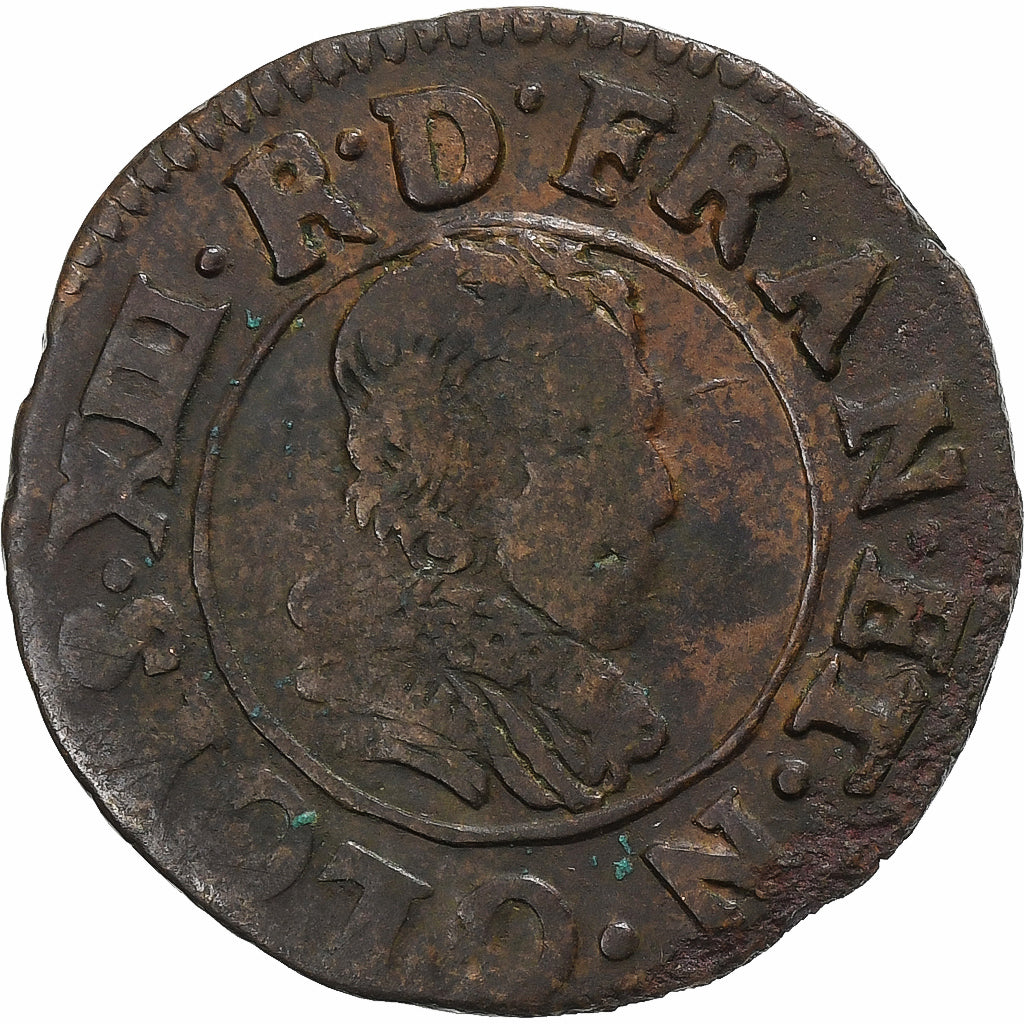 França, Louis XIII, Double Tournois, 1625, Riom, Cobre, VF(30-35), Gadoury:9