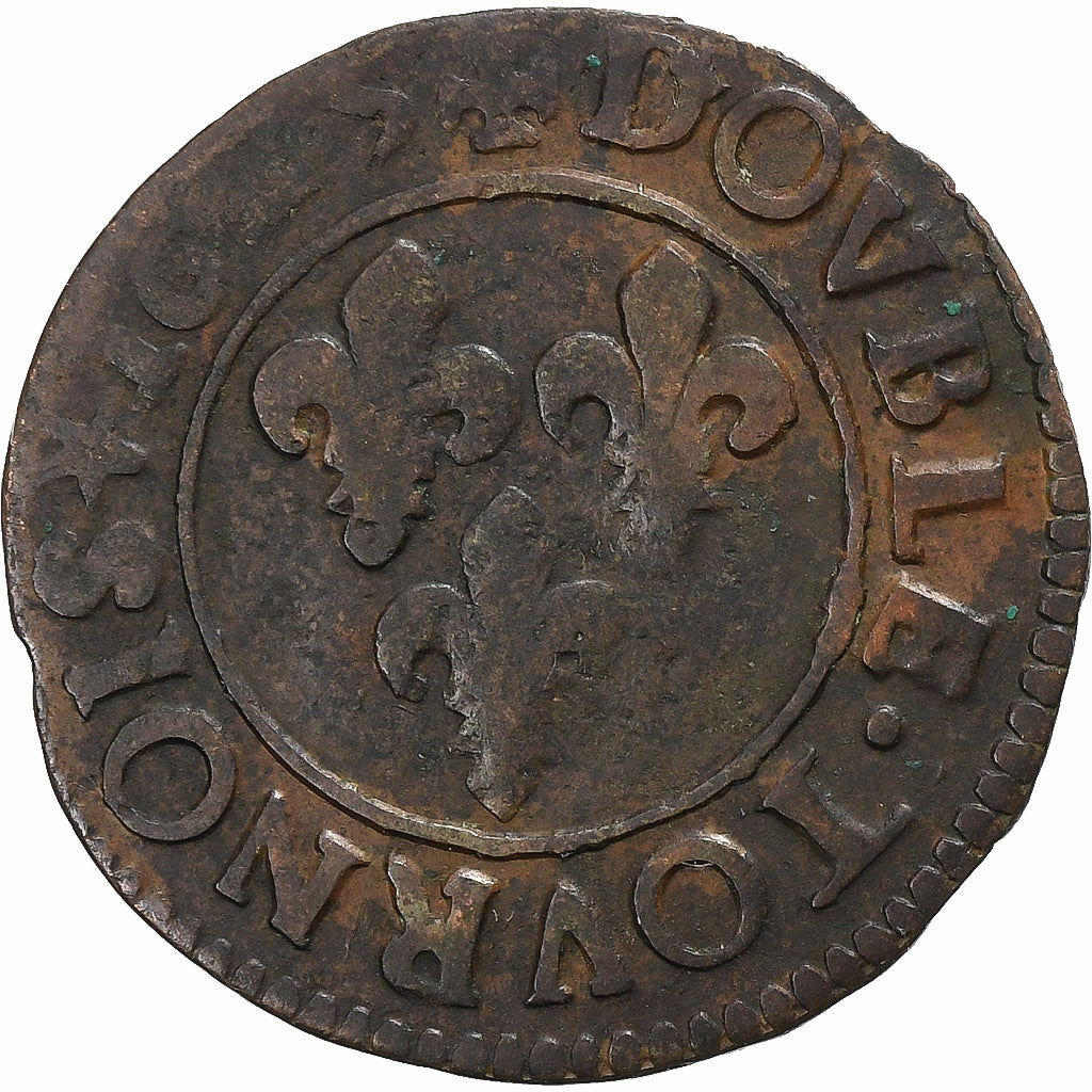 França, Louis XIII, Double Tournois, 1625, Riom, Cobre, VF(30-35), Gadoury:9