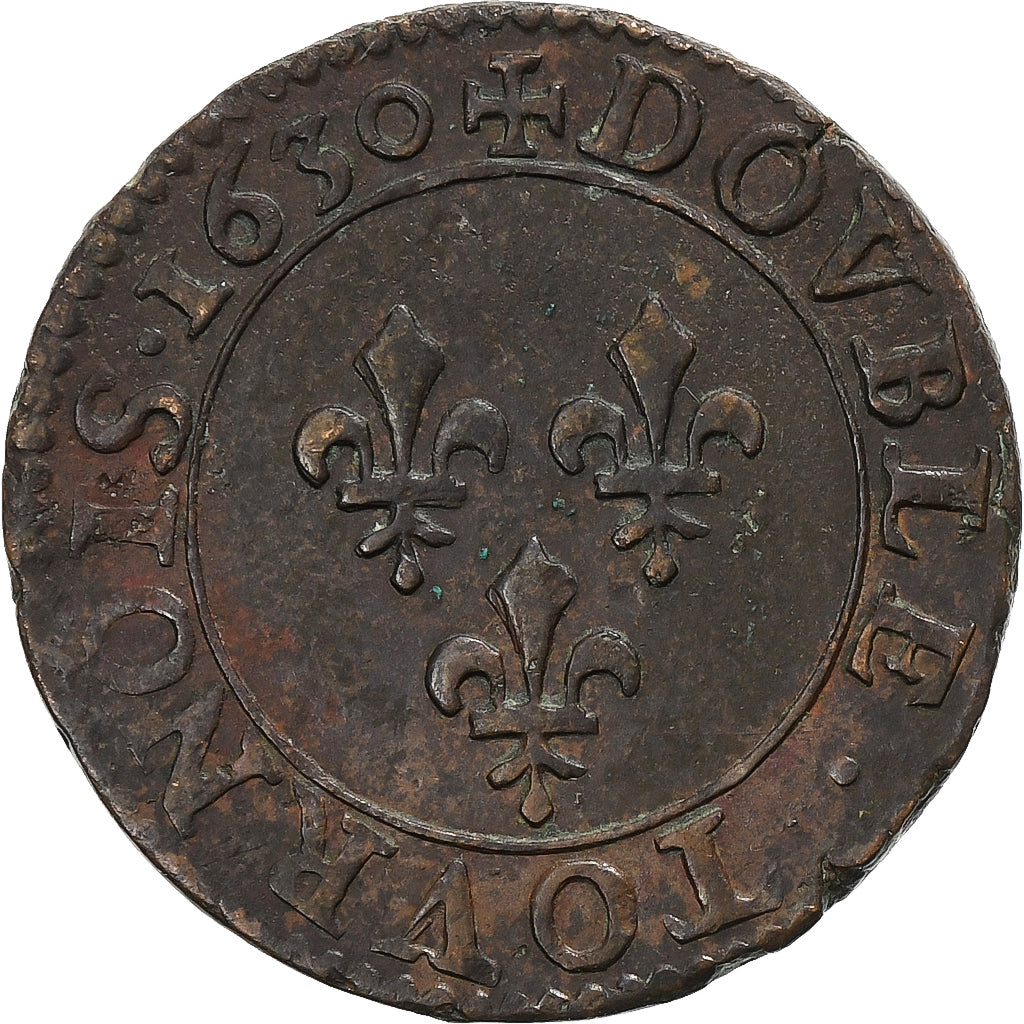 France, Louis XIII, Double Tournois, 1630, Paris, Copper, AU(55-58), Gadoury:9a
