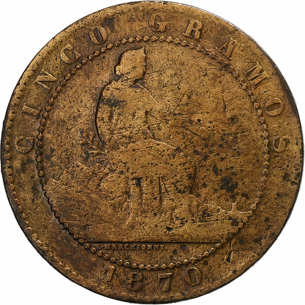 Spagna, Provisional Government, 5 Centimos, 1870, Barcelona, Bronzo, MB, KM:662