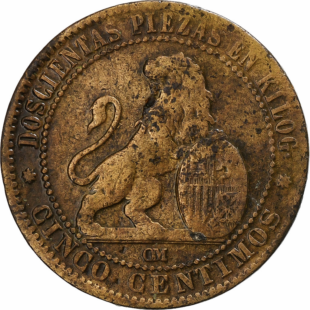 Spagna, Provisional Government, 5 Centimos, 1870, Barcelona, Bronzo, MB, KM:662