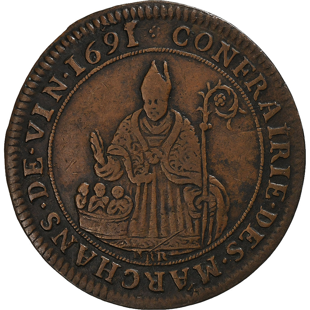 França, Token, Confrérie des Marchands de Vin, 1691, Cobre, EF(40-45)