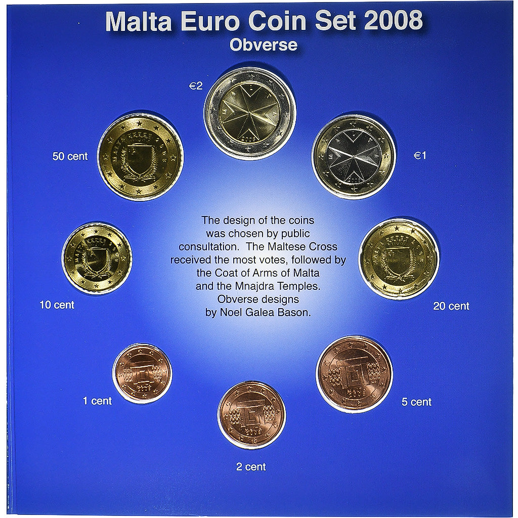 Malte, 1 Cent to 2 Euro + stamp, BU, 2008, Monnaie de Paris, FDC