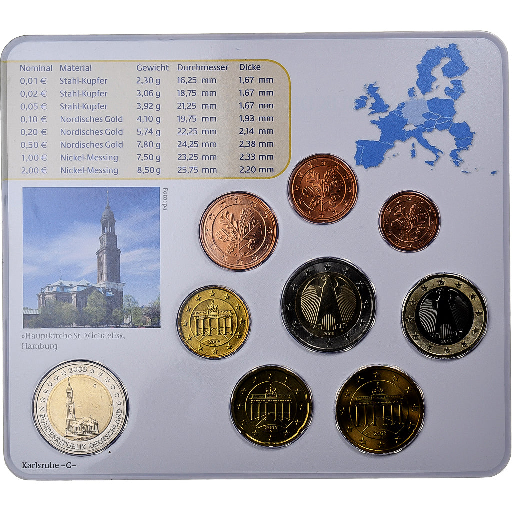 Duitsland, 1 Cent to 2 Euro, Hambourg, 2008, Karlsruhe, n.v.t., FDC