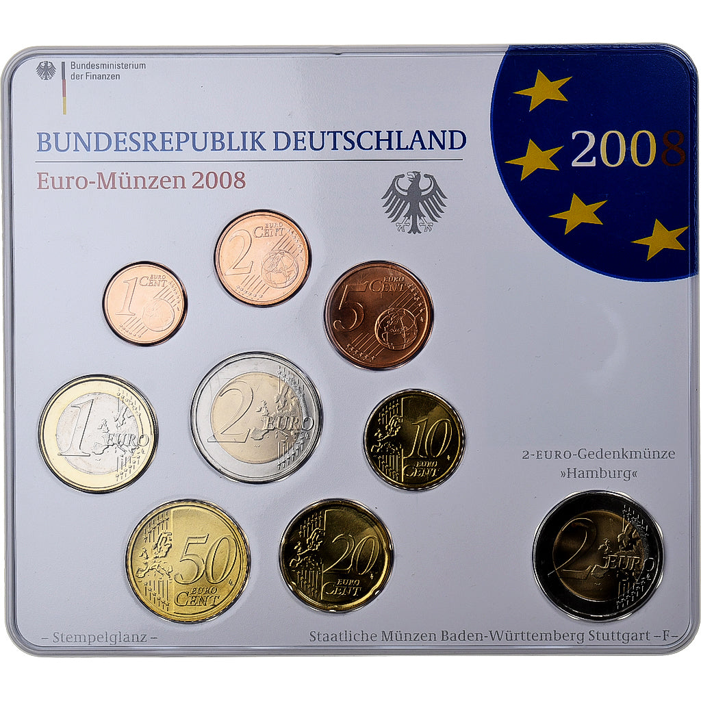 Alemanha, 1 Cent to 2 Euro, Hambourg, 2008, Stuttgart, N/D, MS(65-70)
