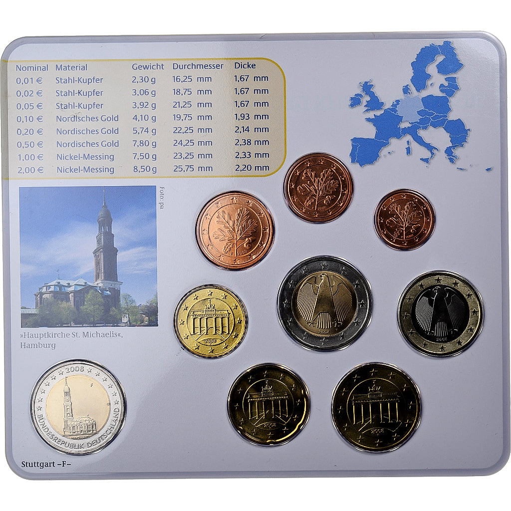 Alemanha, 1 Cent to 2 Euro, Hambourg, 2008, Stuttgart, N/D, MS(65-70)