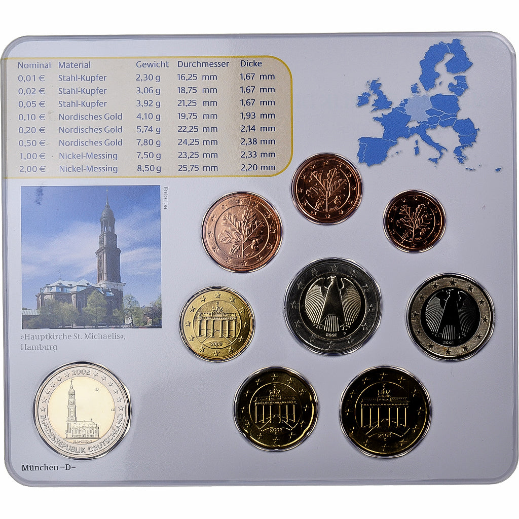 Deutschland, 1 Cent to 2 Euro, Hambourg, 2008, Munich, STGL