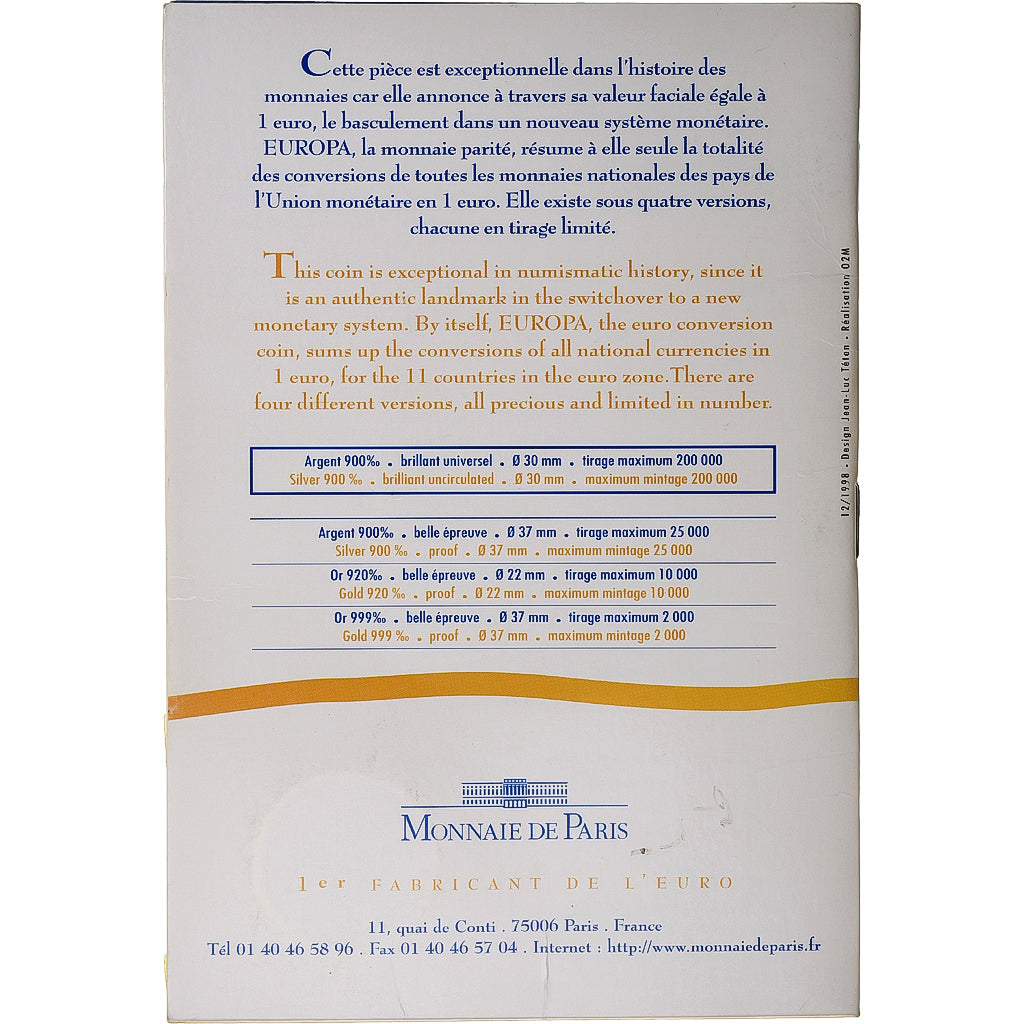 France, 6.55957 Francs, Europa, La parité, 1999, Monnaie de Paris, BU, Silver