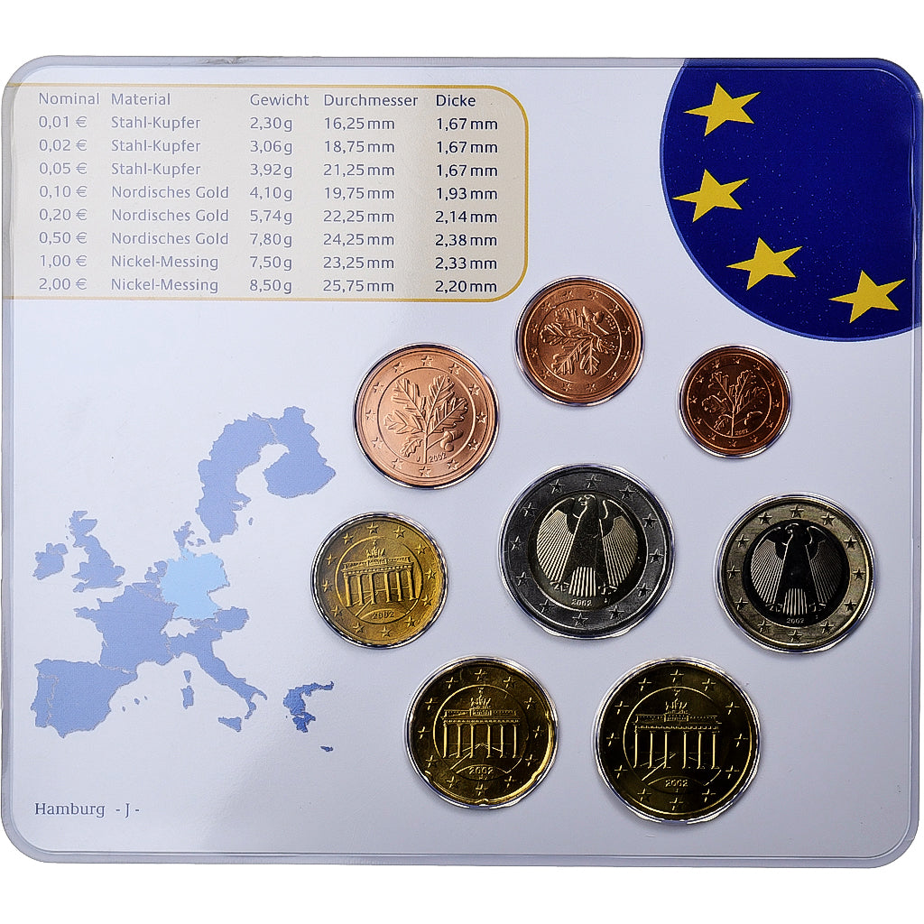 Germania, 1 Cent to 2 Euro, BU, 2002, Hambourg, N.C., FDC