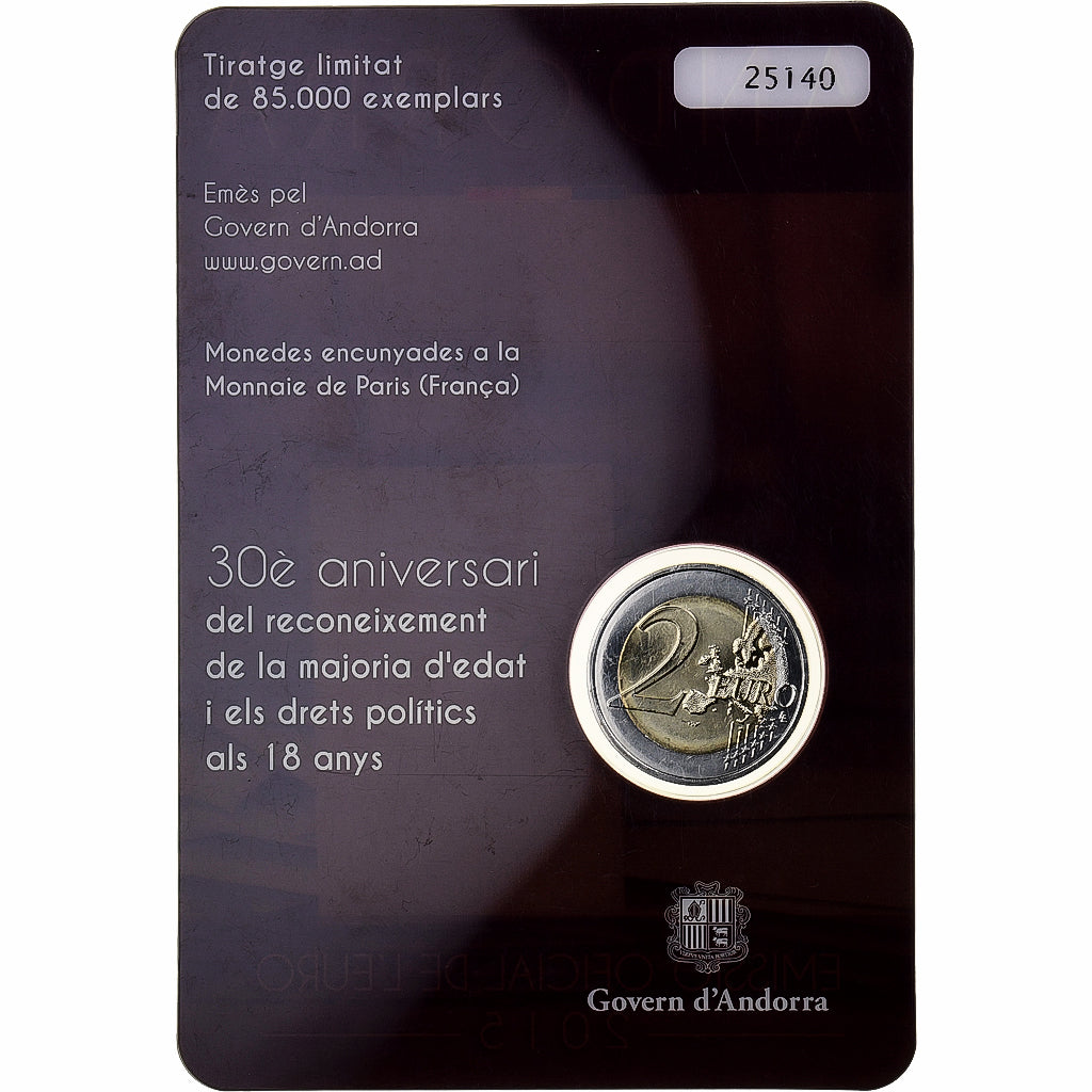 Andorra, 2 Euro, majorité à 18 ans, BU, 2015, Monnaie de Paris, Bimetálico