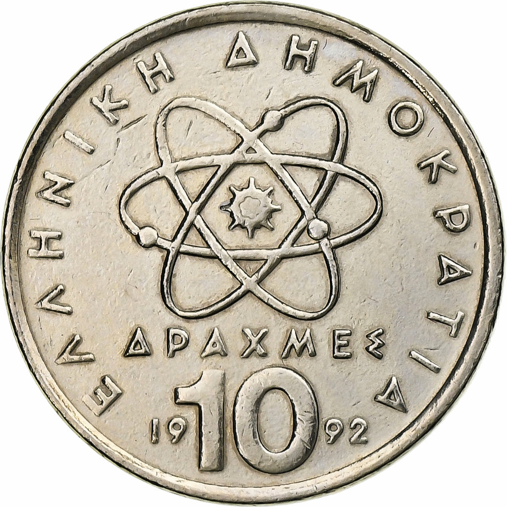Greece, 10 Drachmes, Democritus, 1992, Athens, Copper-nickel, AU(55-58), KM:132