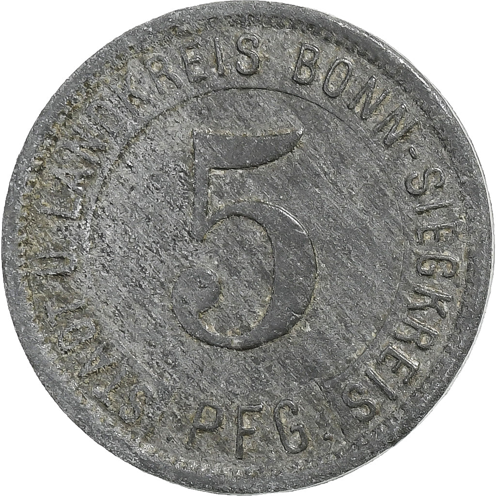 Allemagne, Bonn-Siegkreis, 5 Pfennig, 1919, TB+, Zinc