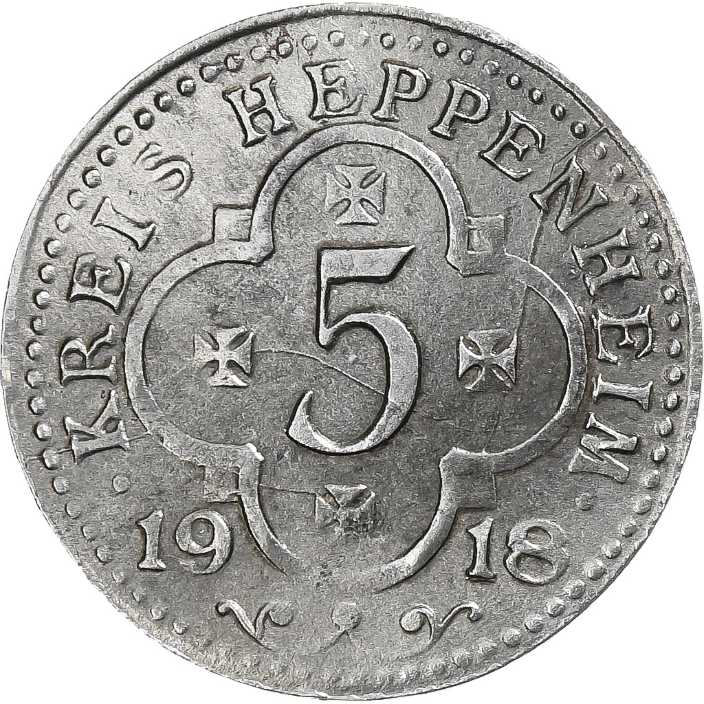 Niemcy, Stadt Heppenheim, 5 Pfennig, 1918, AU(50-53), Żelazo