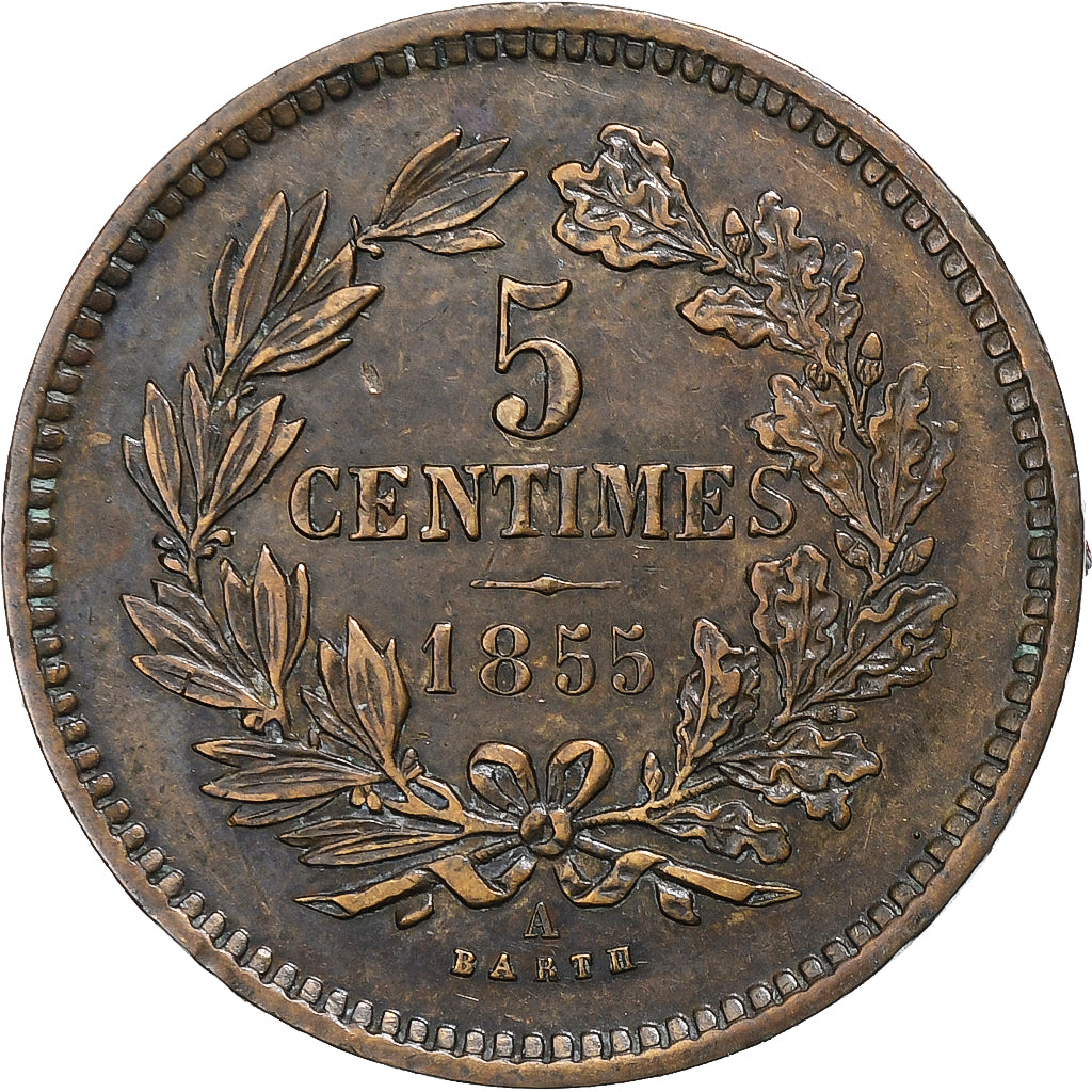 Luxembourg, Guillaume III, 5 Centimes, 1855, Paris, Bronze, AU(50-53), KM:22
