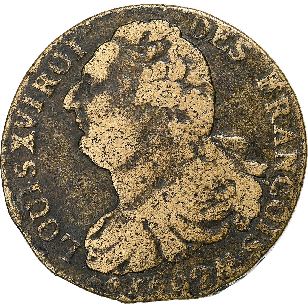 France, Louis XVI, 2 Sols, 1792 / AN 4, Metz, Métal de cloche, VF(20-25)