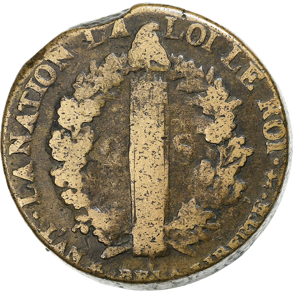 France, Louis XVI, 2 Sols, 1792 / AN 4, Metz, Métal de cloche, VF(20-25)