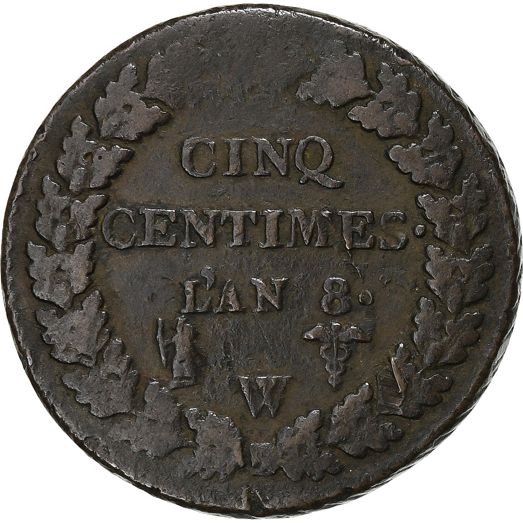 França, 5 Centimes, Dupré, AN 8, Lille, Cobre, VF(20-25), Gadoury:126a, KM:640