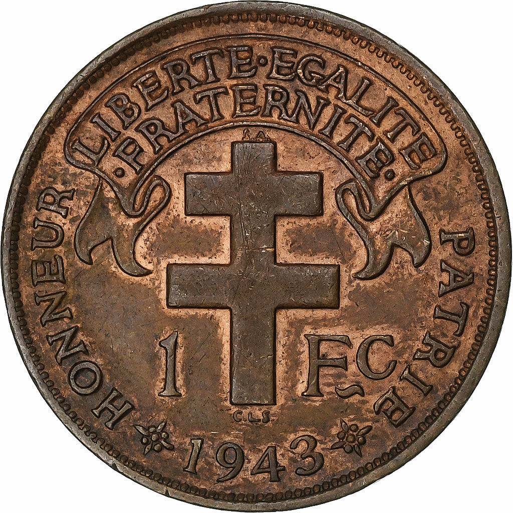 Africa equatoriale francese, Franc, 1943, Pretoria, Bronzo, BB, KM:2a