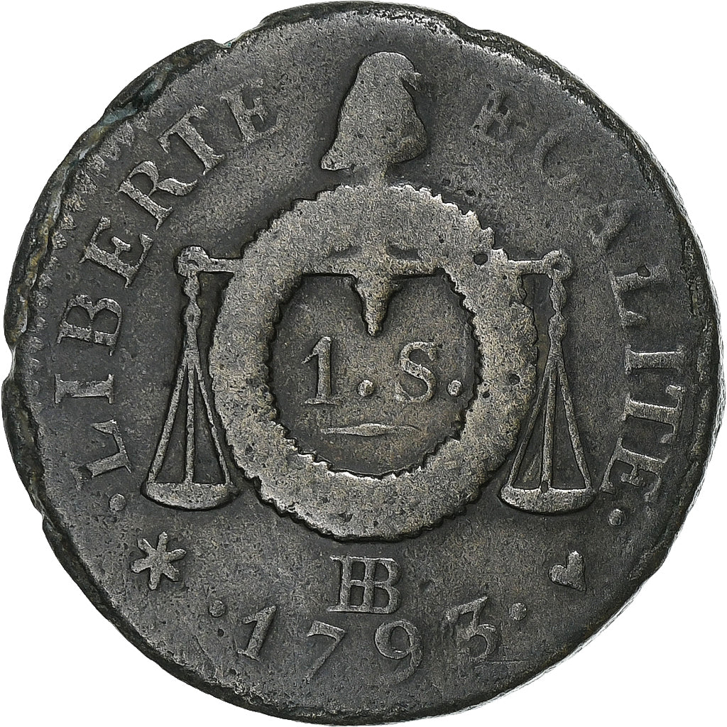 Francia, Sol à la balance Françoise, 1793 / AN II, Strasbourg, Cobre, BC+
